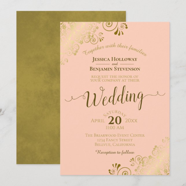 Convite Dourado lugar no casamento da caligrafia Elegante  (Frente/Verso)