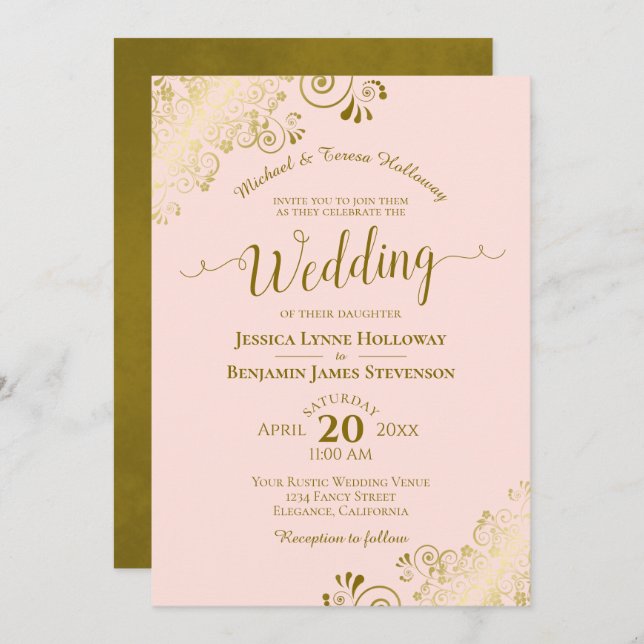 Convite Dourado lugar no casamento formal Elegante rosa-es (Frente/Verso)
