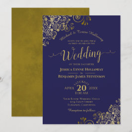 Convite Dourado lugar no Marinho Blue Elegant Formal Casam