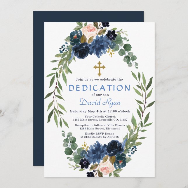 Convite Dourado Marinho Azul, Cor-de-rosa, exaustão Floral (Frente/Verso)