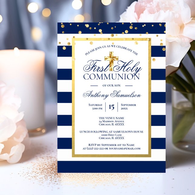 Convite Dourado Marinho Blue Stripes Primeiro Santo Menino (Gold Navy Blue Stripes First Holy Communion Boy Invitation)