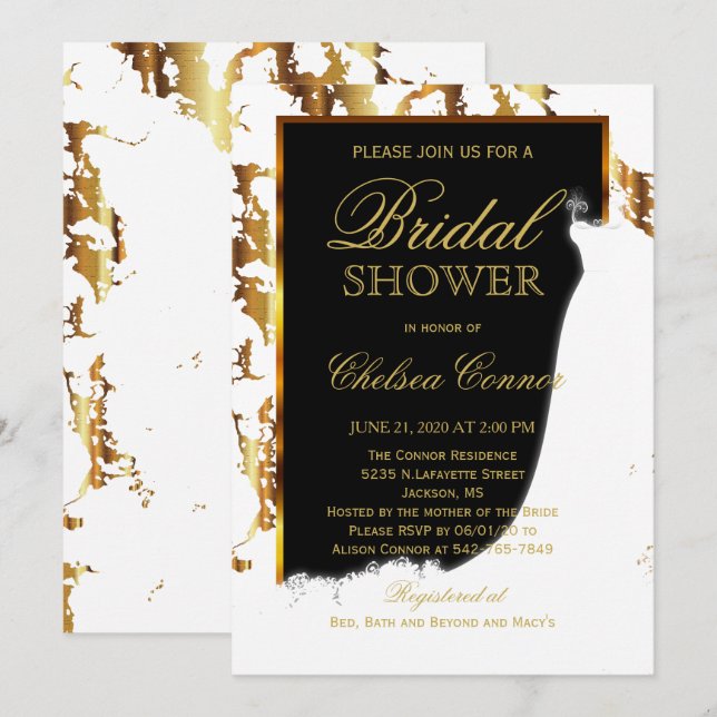 Convite Dourado mármore, Chá de panela preto e branco (Frente/Verso)