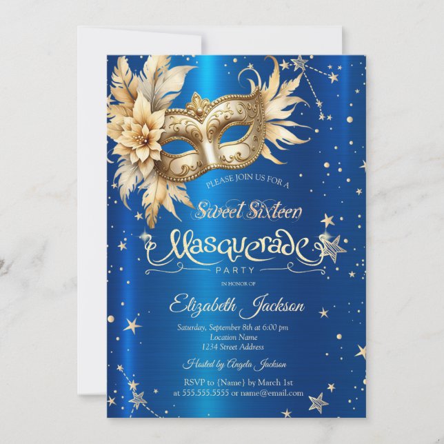 Convite Dourado Masco Floral Estrelas Royal Blue Sweet 16 (Frente)
