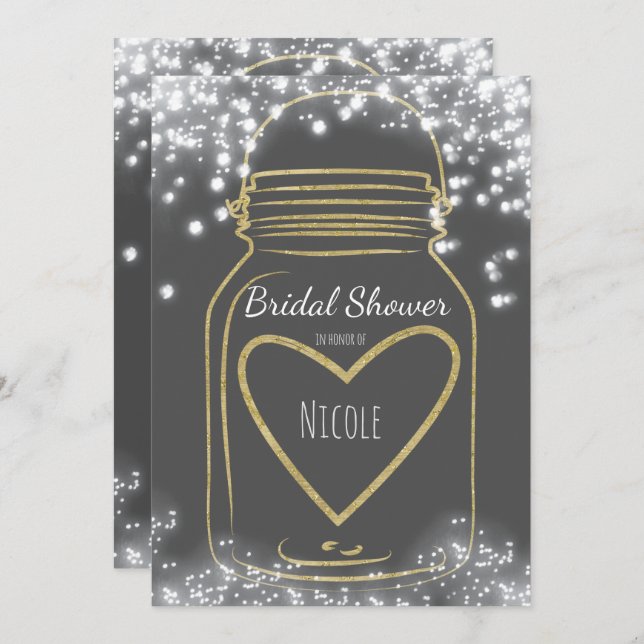 Convite Dourado Mason Jar e Sparkle acende QUALQUER COR (Frente/Verso)