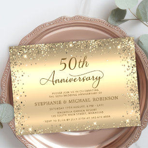 Convite Dourado Metálico Brilhante 50º Aniversário de Casa