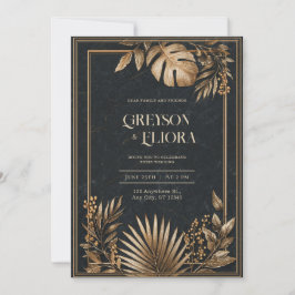 Convite Dourado Metálico Casamento Mármore Preto Tropical