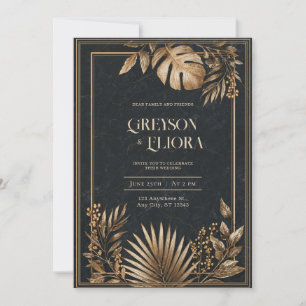 Convite Dourado Metálico Casamento Mármore Preto Tropical
