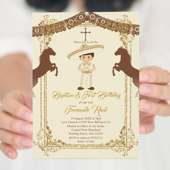 Convite Dourado Mexicano Brown Fiesta Boy Baptism Christen (Criador carregado)