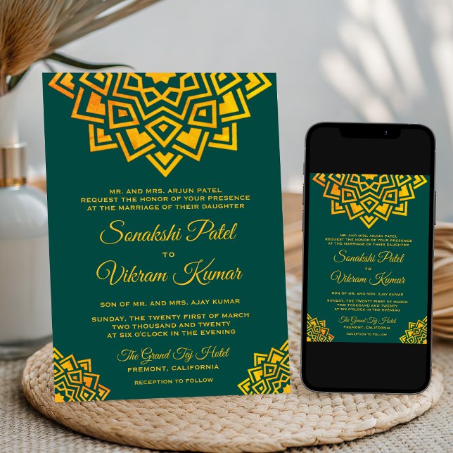 Convite Dourado Moderno para Casamento de Mandala  (Criador carregado)