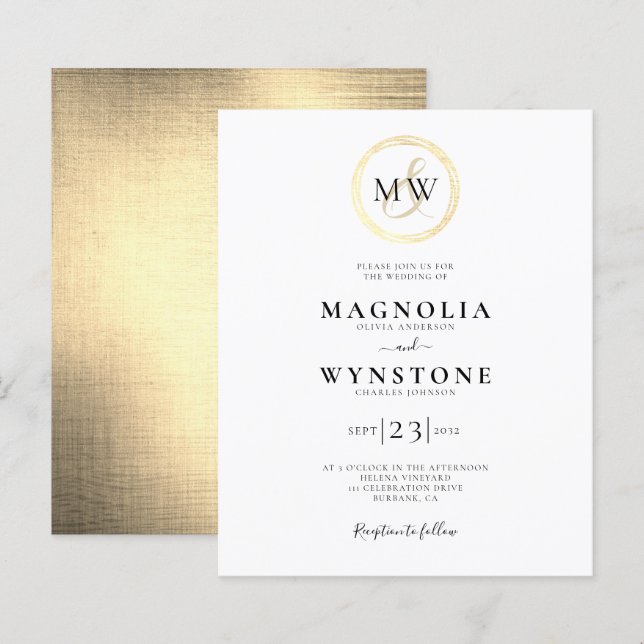 Convite Dourado Monograma de Casamento de Orçament (Frente/Verso)