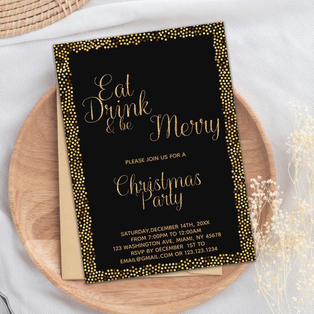 Convite Dourado Natal "Coma, Beba e Seja Feliz" (Gold Eat Drink and be Merry Christmas Invitations)