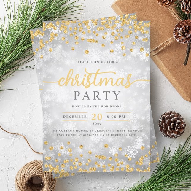 Convite Dourado Natal de Ouros de inverno Elegante (Elegant Silver Winter Diamonds Christmas Gold Invitation)