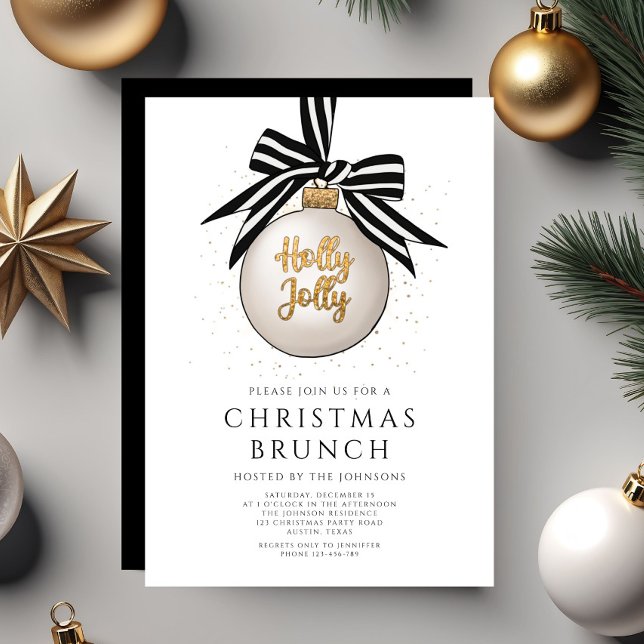 Convite Dourado Natal Festivo Negra E Branco Brunch (Festive Black And White Gold Christmas Brunch Invitation)