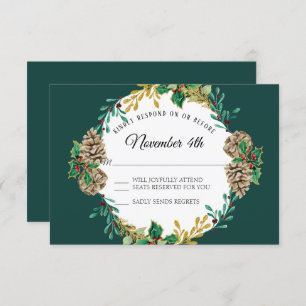 Convite Dourado Natal RSVP Greenery Wreath Watercolor