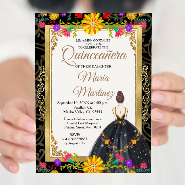 Convite Dourado negro com flores mexicanas Quinceañera (Criador carregado)
