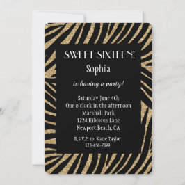 Convite Dourado negro Faux Glitter Zebra Sweet Dezesseis