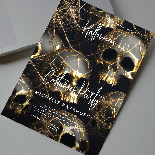 Convite Dourado Negro Partido do Halloween para Adultos (Black Gold Skull Adult Halloween Party Modern Invitation
)