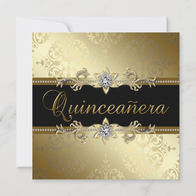 Convite Dourado negro Quinceanera (Frente)
