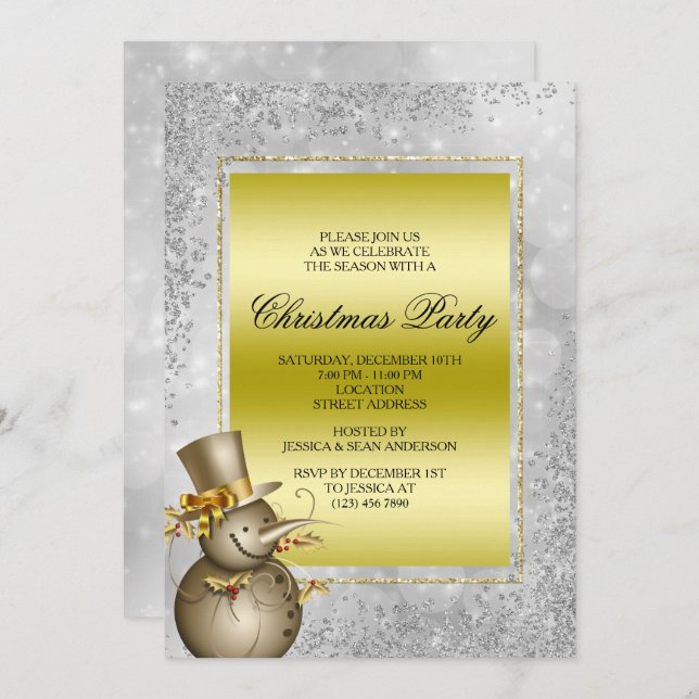 Convite Dourado Neve e Glitter decorativo, Natal de Bokee (Frente/Verso)
