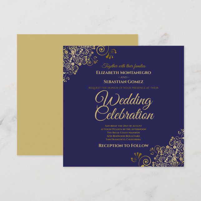 Convite Dourado no Casamento Simples Elegante de Marinho (Frente/Verso)