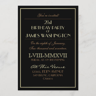 Convite Dourado nos Numerais Negros Romanos  aniversário 
