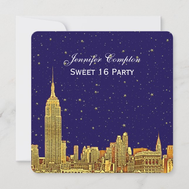 Convite Dourado NYC Skyline Etch Blue Starry Sky SQ Sweet  (Frente)