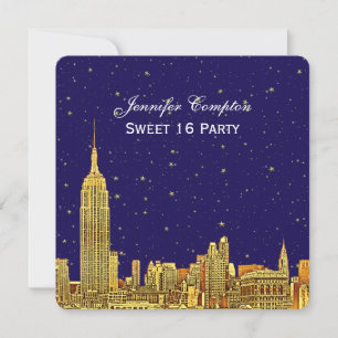 Convite Dourado NYC Skyline Etch Blue Starry Sky SQ Sweet 