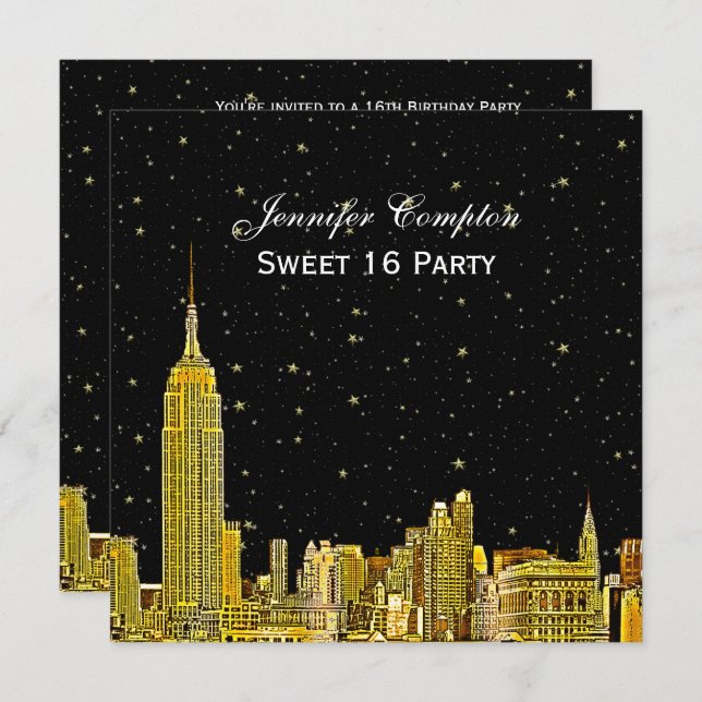 Convite Dourado NYC Skyline Etch Starry DIY BG SQ Sweet 16 (Frente/Verso)