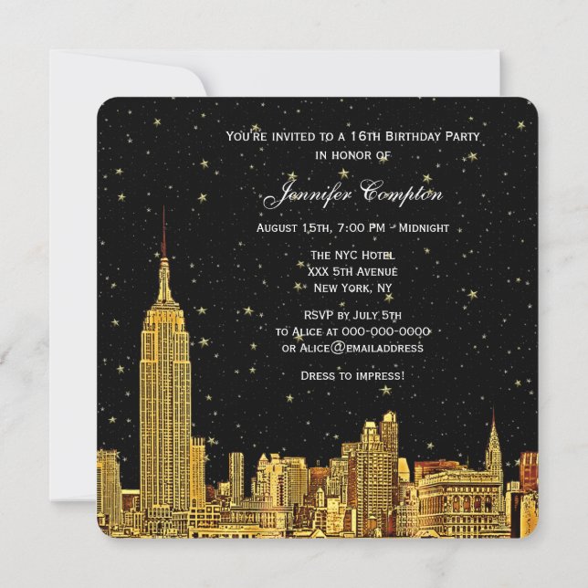 Convite Dourado NYC Skyline Etchado Starry Sky SQ Sweet 16 (Verso)