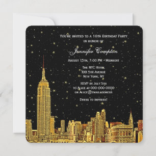Convite Dourado NYC Skyline Gravado Céu Estrelado SQ Sweet
