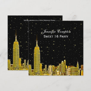 Convite Dourado NYC Skyline Gravado Estrelas DIY Fundo Qua