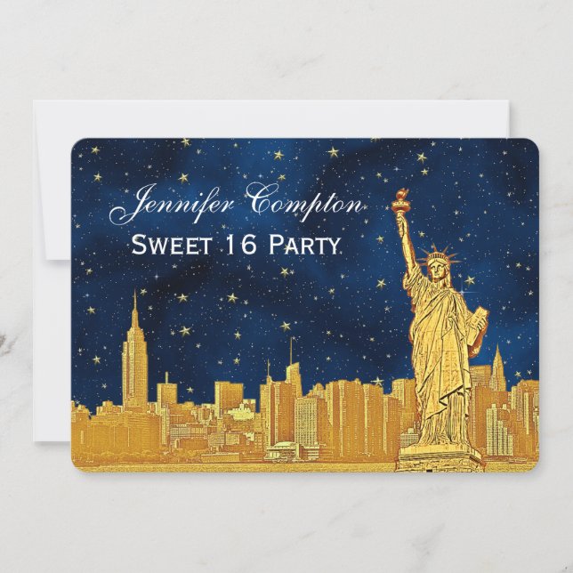 Convite Dourado NYC Skyline nº 2 Etch Blue Starry BG H Swe (Frente)