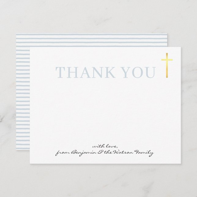 Convite DOURADO obrigado moderno CROSS você batismo azul p (Frente/Verso)