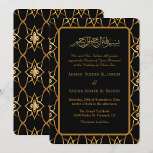 Convite Dourado Ornamentado Padrão de Casamento Negro Muçu