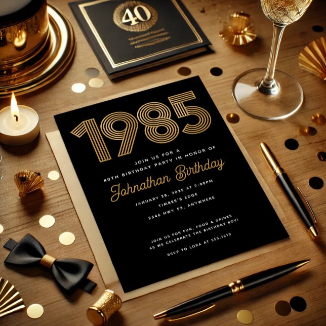 Convite Dourado para aniversário de 40 anos de 198 (1985 Black Faux Gold 40th Birthday Invitation)