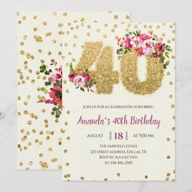 Convite Dourado para aniversário de 40 anos Glitte (Frente/Verso)