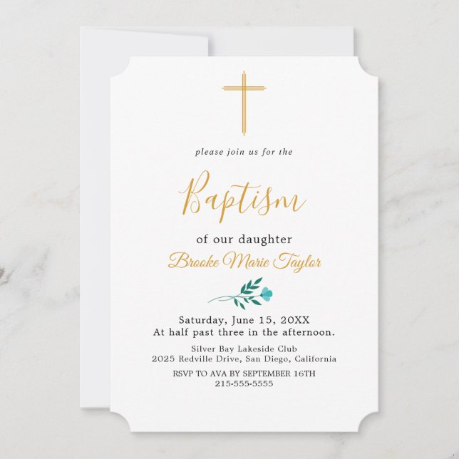 Convite Dourado para Batismo Mínimo Folha (Frente)