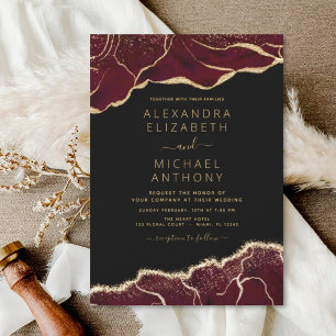 Convite Dourado para Casamento Agate Burgundy