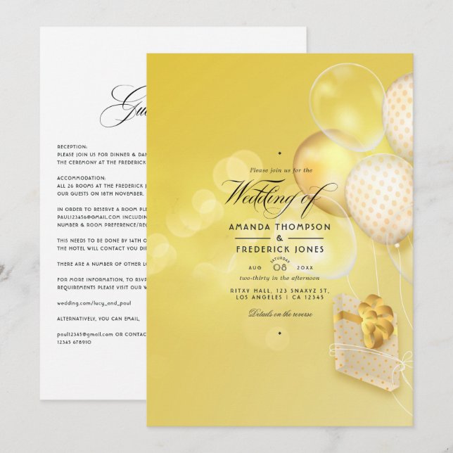 Convite Dourado para Casamento Bokeh Balloons (Frente/Verso)