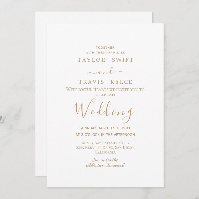 Convite Dourado para Casamento Caligráfico (Frente/Verso)