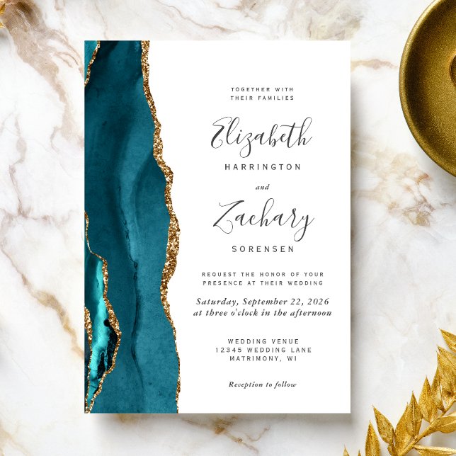 Convite Dourado para Casamento com Agatos Modernos (The perfect choice for a teal and gold themed wedding.)