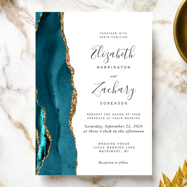 Convite Dourado para Casamento com Agatos Modernos (The perfect choice for a teal and gold themed wedding.)