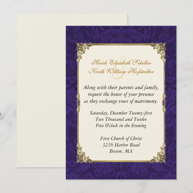Convite Dourado para Casamento com Damáscaras e Vi (Frente/Verso)