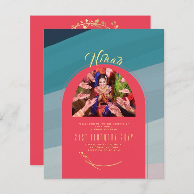 Convite Dourado para casamento de FOTOS NIKAH Teal (Frente/Verso)