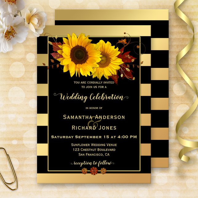 Convite Dourado para Casamento de Girassol Striped (Wedding invitation featuring sunflowers, autumn leaves and rose gold floral swirls on gold stripes)