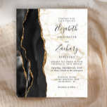 Convite Dourado para Casamento de Mármore com Agat<br><div class="desc">A borda esquerda deste elegante convite de casamento moderno apresenta uma coloração aquosa preta, borda agitada, aparada com falso brilho dourado. O texto personalizável combina o script de escrita manual preto com fontes em preto e em itálico em um fundo branco e em fundo de mármore em ouro. O verso...</div>