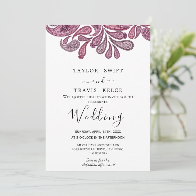 Convite Dourado para Casamento de Paisley Indiano (Em pé/Frente)