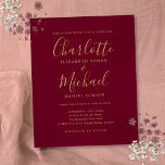 Convite Dourado para Casamento de Script Burgundy<br><div class="desc">Apresentando nomes de estilo de assinatura,  este convite de casamento elegante de burgundy de orçamento pode ser personalizado com suas informações em letras de ouro chic. Projetado por Thisnotme©</div>