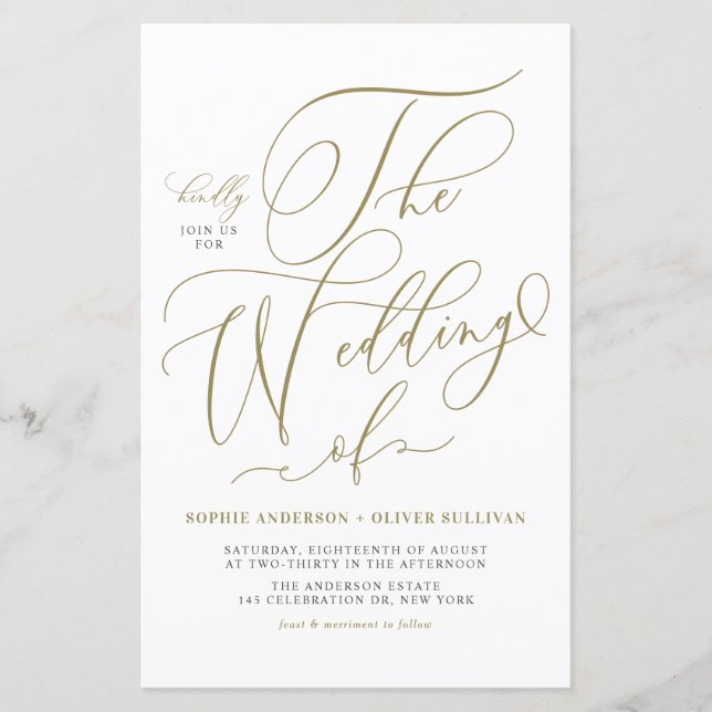 Convite Dourado para Casamento de Script Whimsical (Frente)