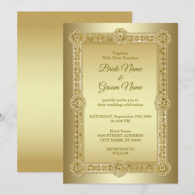 Convite Dourado para Casamento Decorativo (Frente/Verso)
